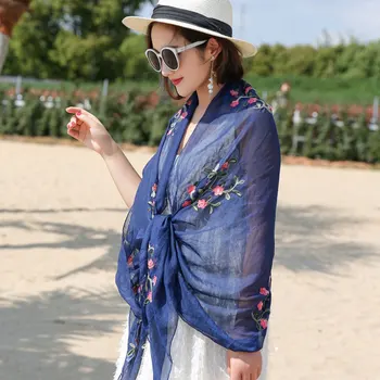 2020 Moda Eșarfă Stil Național Șifon Eșarfă de Mătase Florale Embroideried SunProtection Șal Eșarfe Femei hijab esarfa fular