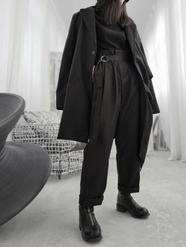 Yamamoto-stil casual pantaloni întuneric nișă designer retro cu talie inalta, pliuri slim femei mici pantaloni