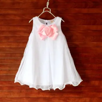 Noi 3~7Age bumbac albastru roz alb O-linie Genunchi lungime copilului floare fata rochii de partid fete dress copilul rochie de petrecere