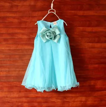 Noi 3~7Age bumbac albastru roz alb O-linie Genunchi lungime copilului floare fata rochii de partid fete dress copilul rochie de petrecere