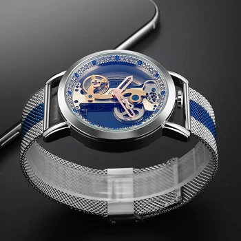 Creativ Automat Mechanical Ceas Tourbillon Ceasuri Transparente Diamante Bărbați Schelet De Lux Automatic Plasă De Oțel Ceasuri