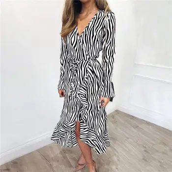 Rochii De Vară Lungi 2019 Femei Zebra Print Plajă Șifon Rochie Casual Cu Maneca Lunga V Gât Volane Elegante, Rochie De Petrecere Vestidos