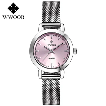 WWOOR Brand de Lux rochie Roz Cuarț Femei Ceas de ceas mic de Moda Casual, ceas rezistent la apa centura de Plasă femei ceas розовый кварц