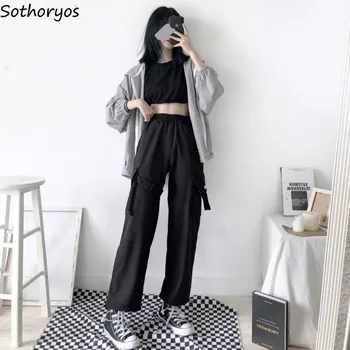 Pantaloni Casual pentru Femei Primavara-Vara Vrac Harem Negru Solidă Talie Elastic Buzunare Mari coreea Style All-meci Chic Confortabil se Potrivesc