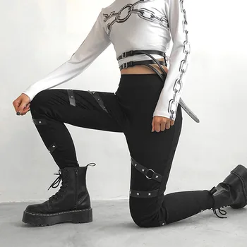 Rosetic Pantaloni Femei Punk Rock din Piele PU Mozaic Negru Streetwear Kpop Joggeri Fată Gotic Primavara Casual Pantaloni Skinny
