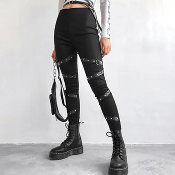 Rosetic Pantaloni Femei Punk Rock din Piele PU Mozaic Negru Streetwear Kpop Joggeri Fată Gotic Primavara Casual Pantaloni Skinny