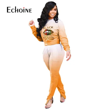 Echoine Femei Toamna Gradient Negru Regina Buzele Imprimare Tricouri Jogger Pant Costum Din Două Piese Set Sport Trening Costum De Potrivire