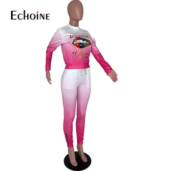 Echoine Femei Toamna Gradient Negru Regina Buzele Imprimare Tricouri Jogger Pant Costum Din Două Piese Set Sport Trening Costum De Potrivire