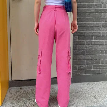 Vangull Roz Casual, Talie Mare Pantaloni Femei cu Eșarfe de Moda coreeană Pantaloni Lungi Doamnelor Buzunare High Street Pantaloni