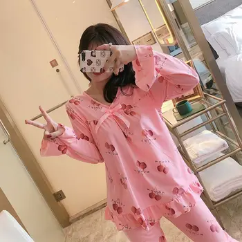 En-Gros De 2 Buc Fete Sleepwear Set De Cămașă De Noapte, Pijamale Femei Toamna Mătase Arc Drăguț Desene Animate O De Gât Femei, Plus Dimensiune Sleepwear 2019