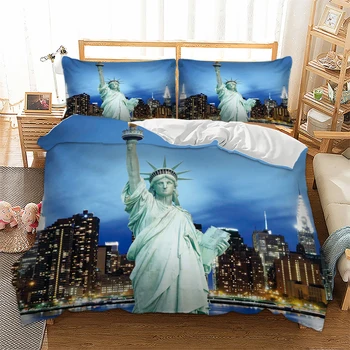 3D city landmark tipărite seturi de lenjerie de pat fundal albastru Statuia Libertății din New York imprimare moderne seturi de lenjerie de pat