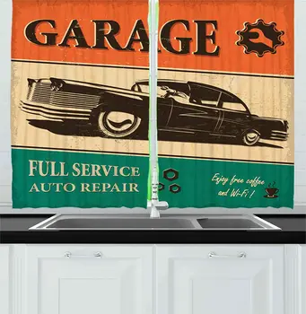 Vintage Perdele de Bucatarie Garaj Retro Poster cu Masina Clasica Mecanic Auto Nostalgic ' 50 Fereastra Draperii pentru Bucatarie Cafe