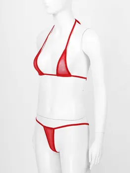 Femei Vedea prin Costume de baie din Două Piese Triunghi Bikini Costume de baie Halter Lace-up Sutien cu T-spate Slip Tanga pentru Lenjerie de Noapte