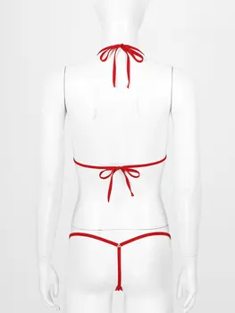 Femei Vedea prin Costume de baie din Două Piese Triunghi Bikini Costume de baie Halter Lace-up Sutien cu T-spate Slip Tanga pentru Lenjerie de Noapte