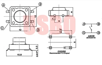 12*12*4.3 mm SMT SMD Mininature Mână Comutator Buton Touch Tact Switch en-Gros de 4 Pini Negru