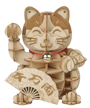 Robotime 3D din Lemn Plutus Pisica Model DIY Puzzle Jucarii Norocos Pisica Cu Clopoței și Evantai pentru Copii Decoratiuni Acasă TG303