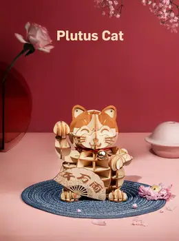 Robotime 3D din Lemn Plutus Pisica Model DIY Puzzle Jucarii Norocos Pisica Cu Clopoței și Evantai pentru Copii Decoratiuni Acasă TG303