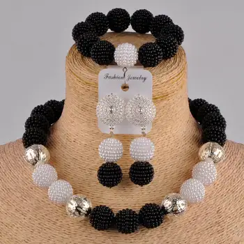 Alb-negru set de bijuterii colier african nigeria margele simulate perla colier bratara cercei set bijuterii pentru femei FZZ09
