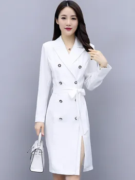 Trench Coat Breasted Dublu Femeii De Moda Coreeană Stil De Iarnă Vânt Cald Rever Slim Designer Lungă De Catifea Pista Alb