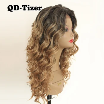 QD-Tizer Ombre Blond Inchis Rădăcină Val de Dantelă în Fața Peruca Glueless Sintetic Rezistent la Căldură Dantelă în Fața Peruca pentru Femei de Moda