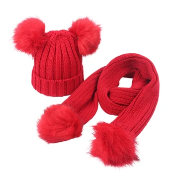 Copii copilul Cald Iarna Pom Pom Urechile cu dungi Knit Beanie Pălărie cu Eșarfă Lungă Set