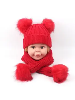 Copii copilul Cald Iarna Pom Pom Urechile cu dungi Knit Beanie Pălărie cu Eșarfă Lungă Set