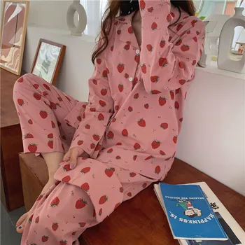 Alien Kitty Toamna Pantaloni, Costume Femei, Pijamale 2020 Nou de Căpșuni Dulce Print Acasă Pijama Mujer Costum din Două piese Vrac Sleepwear