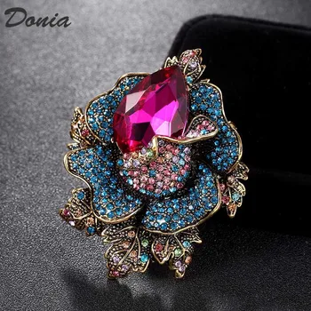 Donia bijuterii de mari dimensiuni de culoare roz, albastru nunta brosa cu strasuri bijuterii femei bijuterii trandafir turban vânzare broșe
