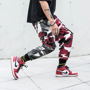 Casual Barbati Joggeri Stil Japonez Pantaloni Militare De Mare Buzunar De Pantaloni De Marfă Hombre Roșu Gri Îmbinat Camuflaj Moda Hip Hop Pantaloni