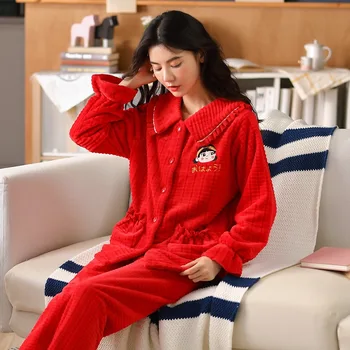 Coreeană Flanel Cald Pijamale pentru Femei cu Maneca Lunga Acasa Costum Doamnelor pijamale desene animate Catifea set Pijama Groasă Feminino Pijamale