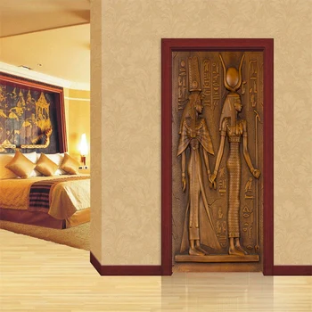 European Stil Retro Ușa Autocolant 3D Sculptura Egipteană Tapet Living Bucatarie din PVC Impermeabil Acasă Decal Vinil Ușa Murală