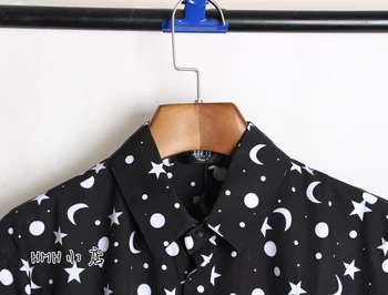 Camasi Pentru Barbati Bigbang Stele, Luna De Imprimare Model Domn Anglia Negru Tricou Cu Maneci Lungi, Imprimeu Floral Shirt Pentru Bărbați Stil Punk