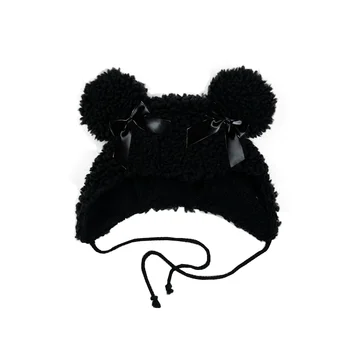 Femeile mic urs urs negru ureche chelioși pălării drăguț moale fete kawaii miel lână pălărie de iarnă căciuli