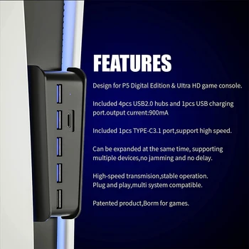 6 in 1 USB Splitter Expander Hub cu 5 USB A + 1 C USB Porturi pentru PlayStation 5 Ediție Digitală Consola Pentru PS5 Hub USB