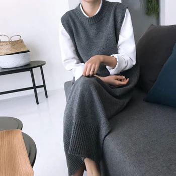 Coreeană De Moda Rochie Pulover Femei Tricotate Vesta Casual Office Doamnelor Lungi Pulover Rochie Fără Mâneci Haine Groase Rochii De Sex Feminin