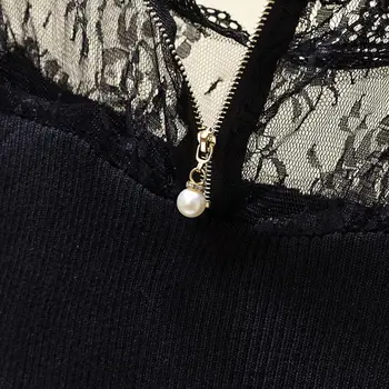 Sexy Dantela Bluza Femei Alb-Negru de Pe Umăr Top Cu guler Tricotate Mozaic Doamnelor Topuri