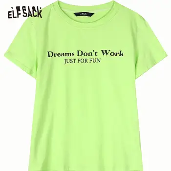 ELFSACK Harajuku Verde Scrisoare de Imprimare Casual T-Shirt Femei Top Vară 2020 ELF Pur Maneci Scurte-coreean Doamnelor Bază de zi cu Zi Tee