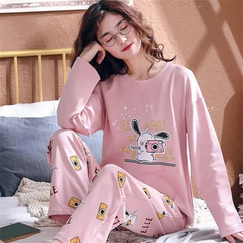 Femei Set De Pijama Noua Subțire De Desene Animate Pisica Imprimat Cu Maneci Lungi Drăguț Sleepwear Primavara Toamna Casual Două Piese Homewear De Sex Feminin Pijamale